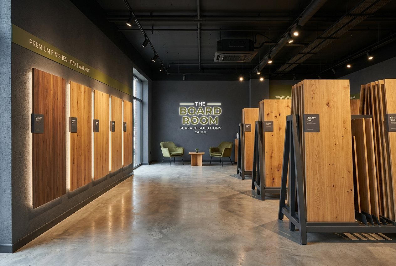 Showroom con paneles melamínicos en exhibición